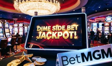 Brightly-Lit Slot Machines Inside Casino Background to Dime Side Bet Jackpot! Seen on Tablet