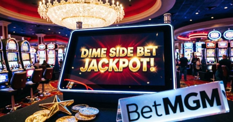 Brightly-Lit Slot Machines Inside Casino Background to Dime Side Bet Jackpot! Seen on Tablet