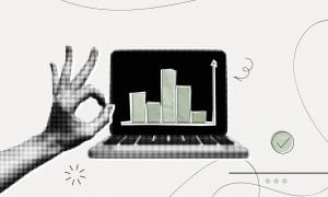 Art Collage Features Laptop Displaying Green Bar Graph and OK Hand Gesture on the Left