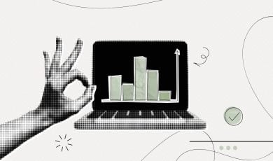 Art Collage Features Laptop Displaying Green Bar Graph and OK Hand Gesture on the Left