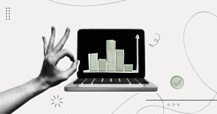 Art Collage Features Laptop Displaying Green Bar Graph and OK Hand Gesture on the Left