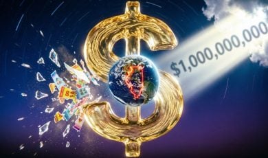 Globe with Illinois State Outline Sits In the Middle of Gold Dollar Symbol with Cloud Shinning White Light