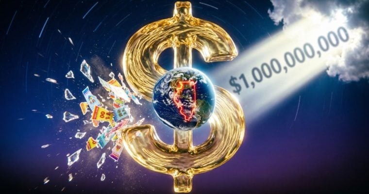 Globe with Illinois State Outline Sits In the Middle of Gold Dollar Symbol with Cloud Shinning White Light