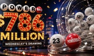 Powerball $786 Million Wednesday's Drawing Next To Numbered White Balls and One Red Lottery Ball