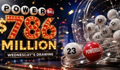 Powerball $786 Million Wednesday's Drawing Next To Numbered White Balls and One Red Lottery Ball