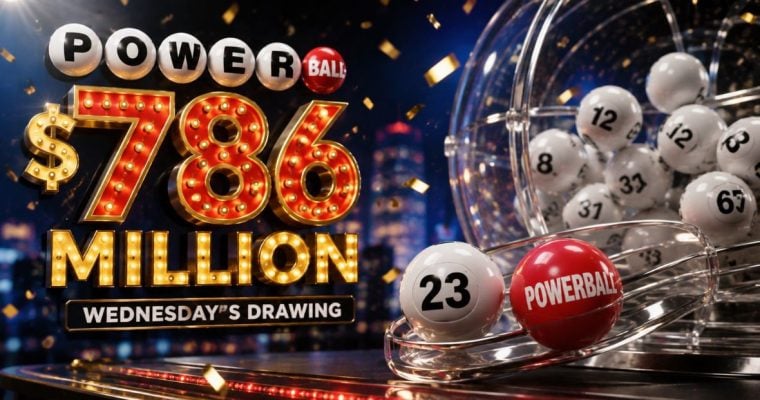 Powerball $786 Million Wednesday's Drawing Next To Numbered White Balls and One Red Lottery Ball