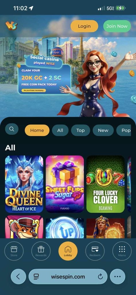 Wisespin Casino Homepage experience