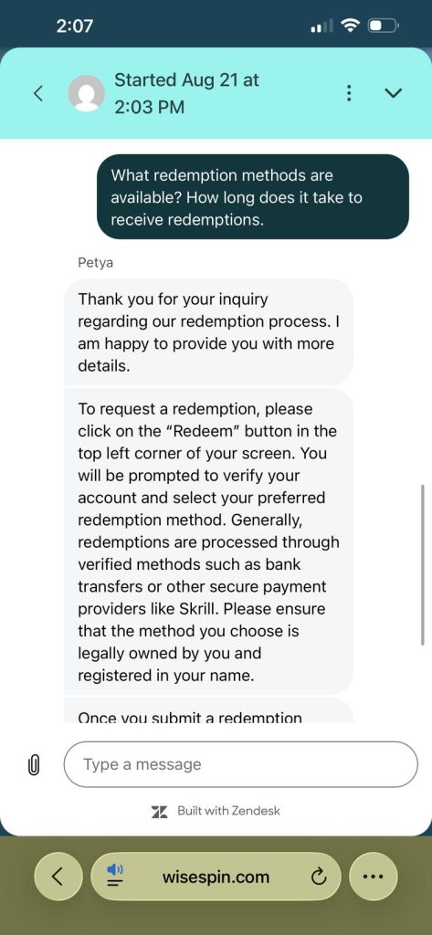 Wisespin Live Customer Support Chat