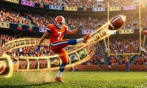 Slot Images Blend Into Image of Football Player Kicking Football Toward Goalpost