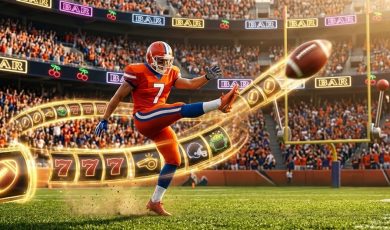 Slot Images Blend Into Image of Football Player Kicking Football Toward Goalpost