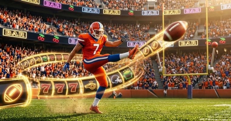 Slot Images Blend Into Image of Football Player Kicking Football Toward Goalpost