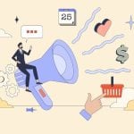 Small Man Sits on Megaphone With Icons Representing Advertisements