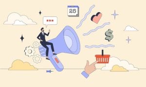 Small Man Sits on Megaphone With Icons Representing Advertisements