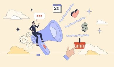 Small Man Sits on Megaphone With Icons Representing Advertisements