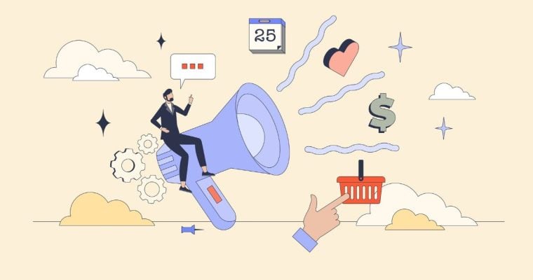 Small Man Sits on Megaphone With Icons Representing Advertisements