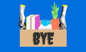 Hands Holds Box with Word Bye in Black Letter Filled With Work Items When Leaving Position