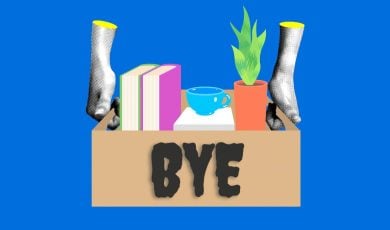Hands Holds Box with Word Bye in Black Letter Filled With Work Items When Leaving Position