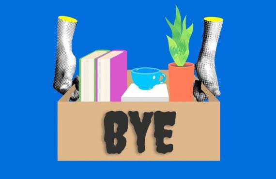 Hands Holds Box with Word Bye in Black Letter Filled With Work Items When Leaving Position