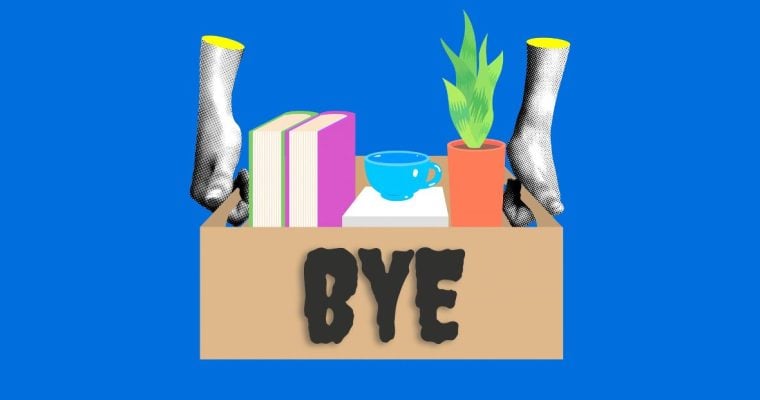 Hands Holds Box with Word Bye in Black Letter Filled With Work Items When Leaving Position