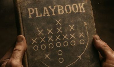 Man's Hands Hold Old Brown Playbook with Game Moves On Cover