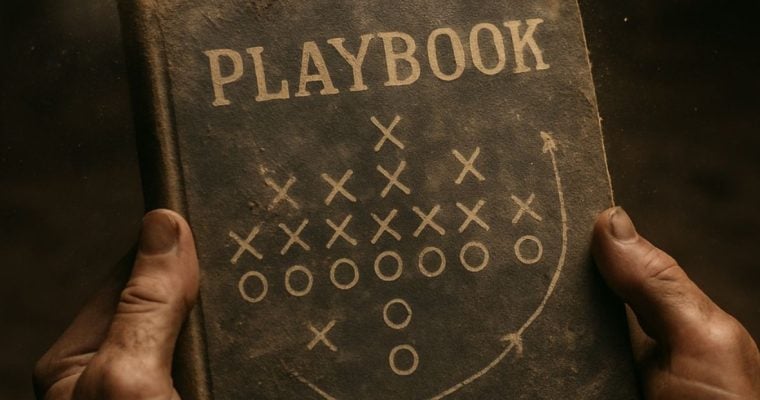 Man's Hands Hold Old Brown Playbook with Game Moves On Cover