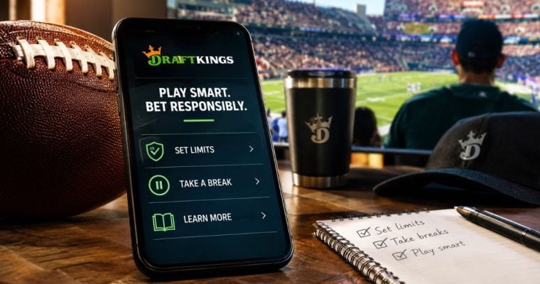 Man Watches Football Game in Background with DraftKings App on Cell Phone