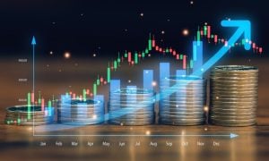 Digital Overlay of Rising Bar Graph Over Image of Stacked Silver Coins
