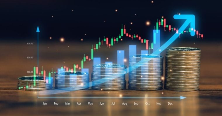 Digital Overlay of Rising Bar Graph Over Image of Stacked Silver Coins