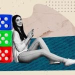Woman Holding Cell Phone Sits Leaning Against 3 Blue, Green and Red Dice