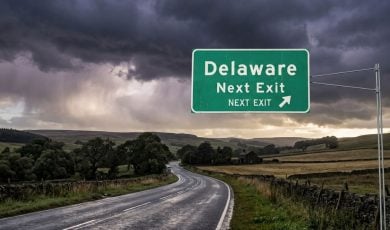 Storm Clouds and Delaware Exit Sign Over Country Road