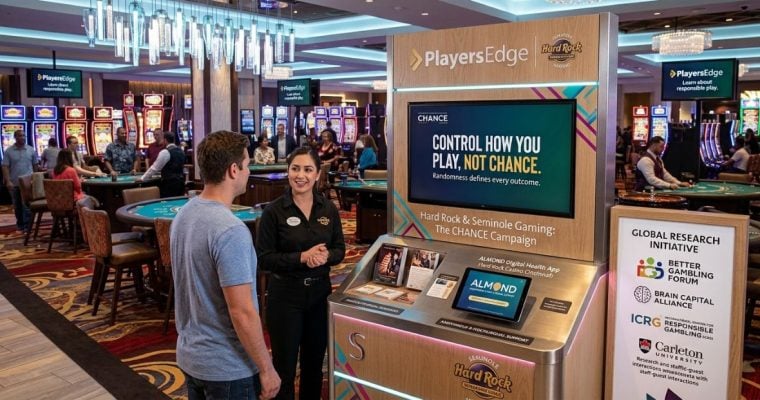 Casino Guest Speaks with Hard Rock Employee on Responsible Gambling Tools on Casino Floor