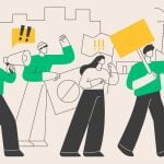Sketch Graphic of Four People Marching in Strike Movement with Picket Signs