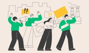 Sketch Graphic of Four People Marching in Strike Movement with Picket Signs
