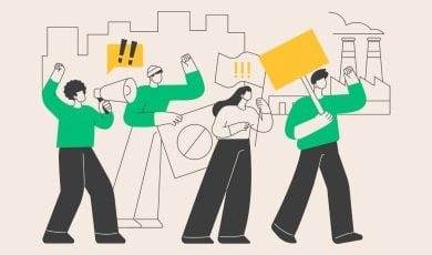 Sketch Graphic of Four People Marching in Strike Movement with Picket Signs