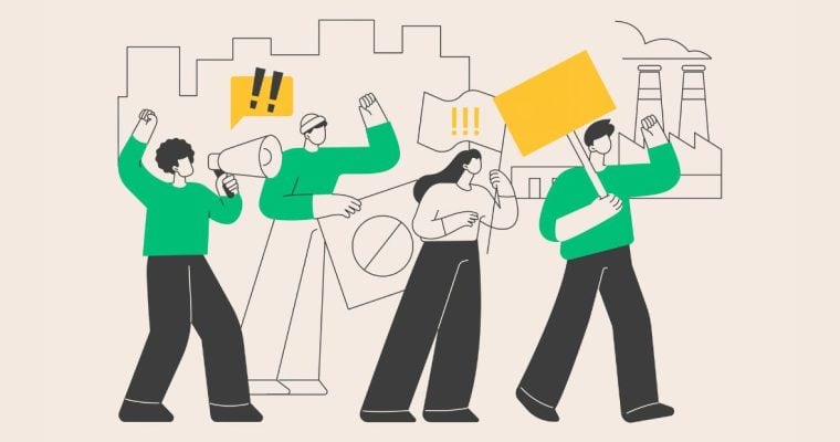 Sketch Graphic of Four People Marching in Strike Movement with Picket Signs