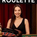 Young Woman as Live Online Casino Dealer Sits Behind Roulette Wheel