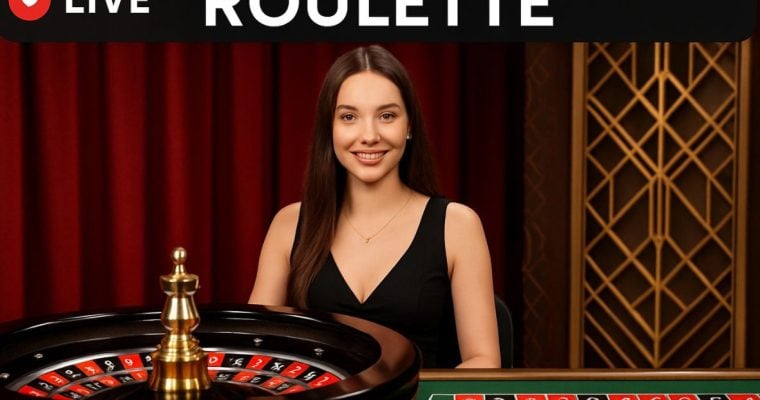Young Woman as Live Online Casino Dealer Sits Behind Roulette Wheel