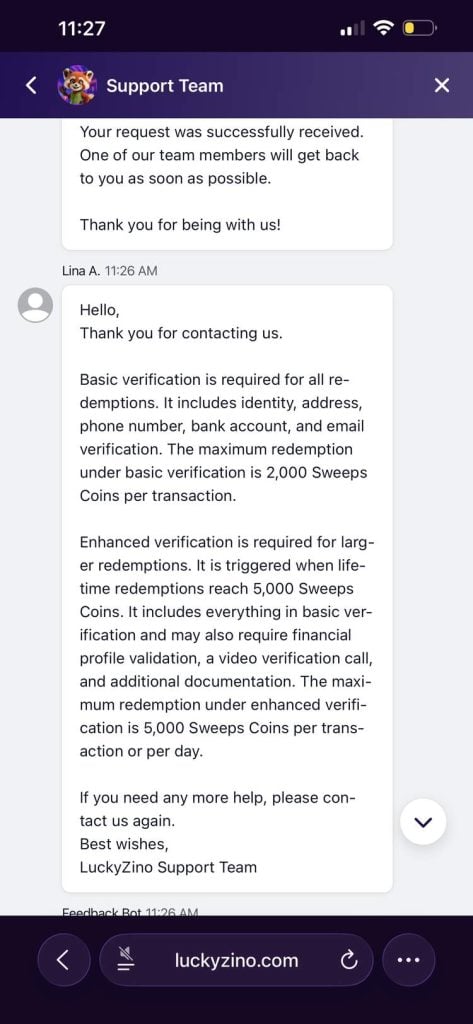 LuckyZino Customer Support Interaction