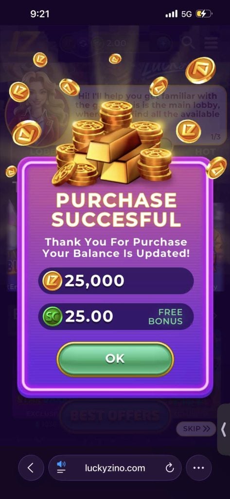 LuckyZino Purchase Successful