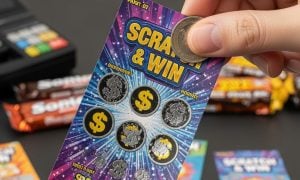 Close Up of Played Scratch & Win Lottery Ticket Held inside Store