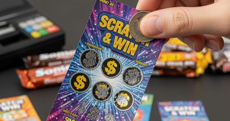Close Up of Played Scratch & Win Lottery Ticket Held inside Store