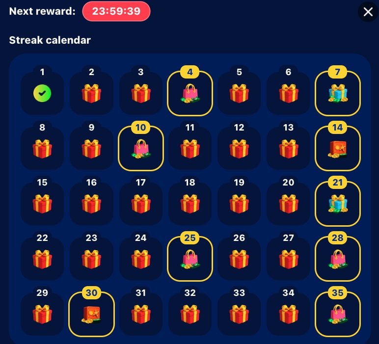MyPrize Casino daily login bonus 30 day calendar