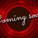 Red Circle Hollywood Announcement Background with Coming Soon in White Cursive Font