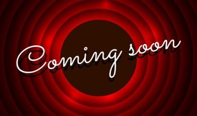 Red Circle Hollywood Announcement Background with Coming Soon in White Cursive Font
