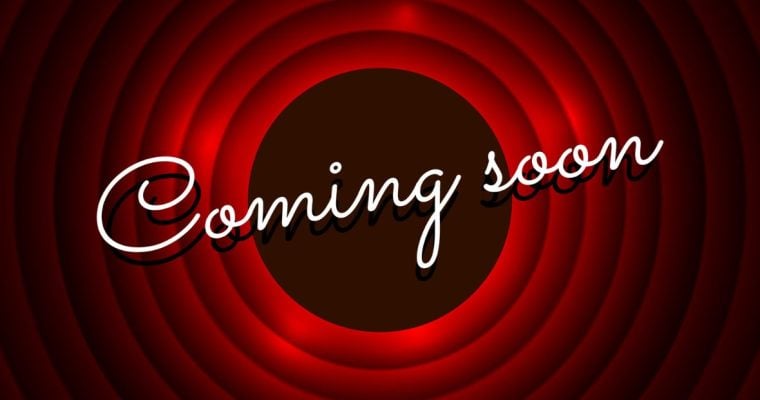Red Circle Hollywood Announcement Background with Coming Soon in White Cursive Font