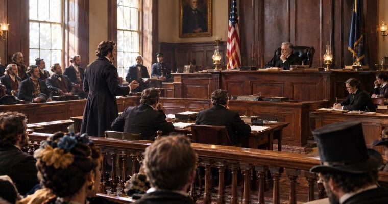A Lively Courtroom Filled With People Set in 1852