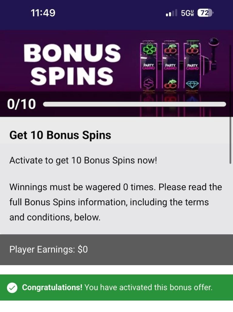 Party Casino bonus spins