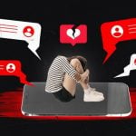 Collage of Woman Crouched on Oversized Smartphone with Abussive Comments Surrounding Her