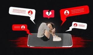 Collage of Woman Crouched on Oversized Smartphone with Abussive Comments Surrounding Her