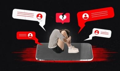 Collage of Woman Crouched on Oversized Smartphone with Abussive Comments Surrounding Her